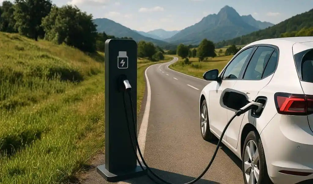 Coche eléctrico cargando junto a una carretera rural