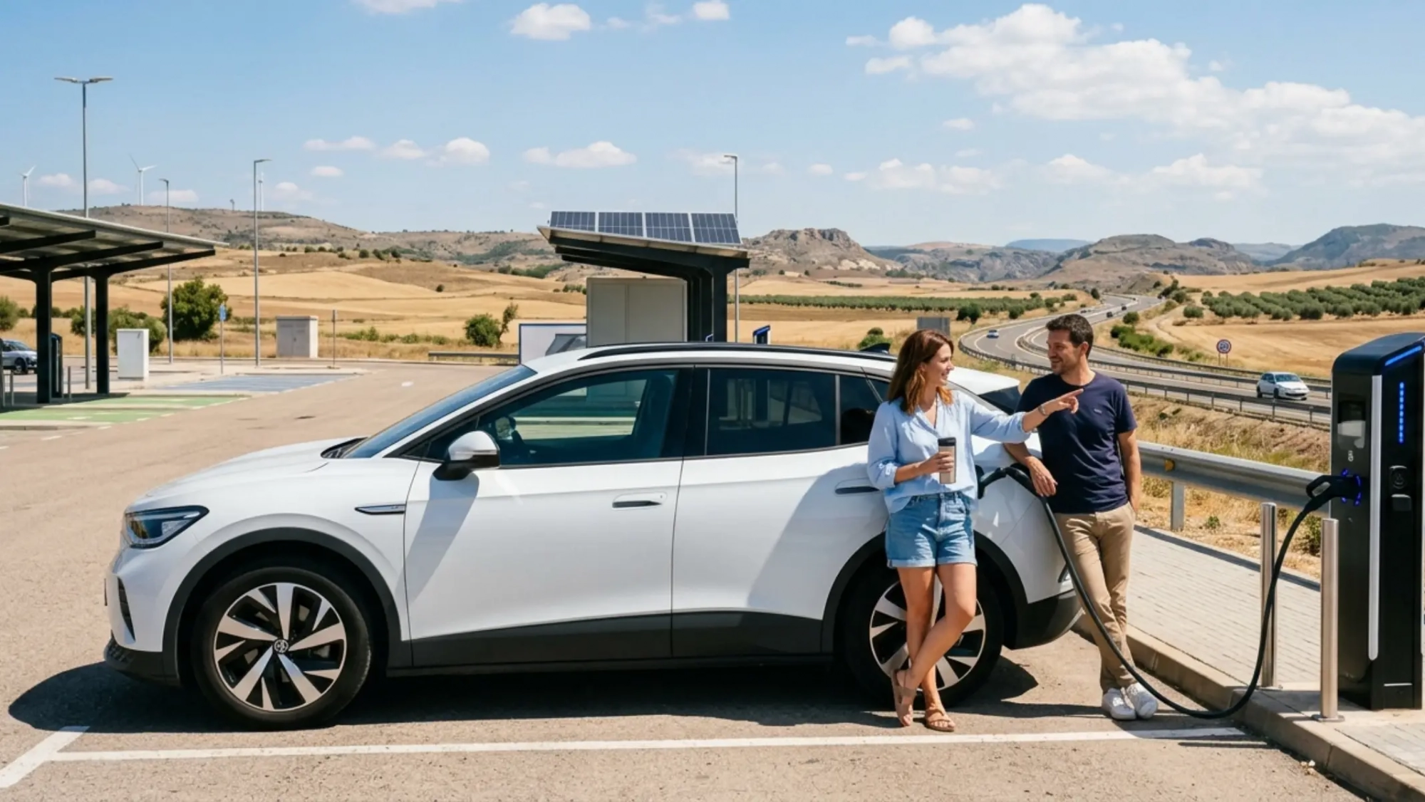 Viajeros junto a un vehículo eléctrico en una ruta española